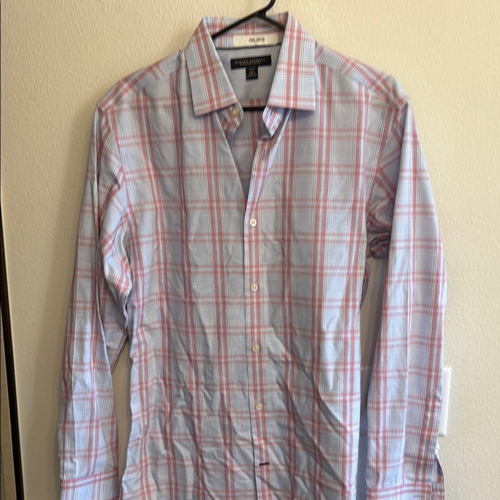 Banana Republic Men's Light Blue and Red Plaid Shirt